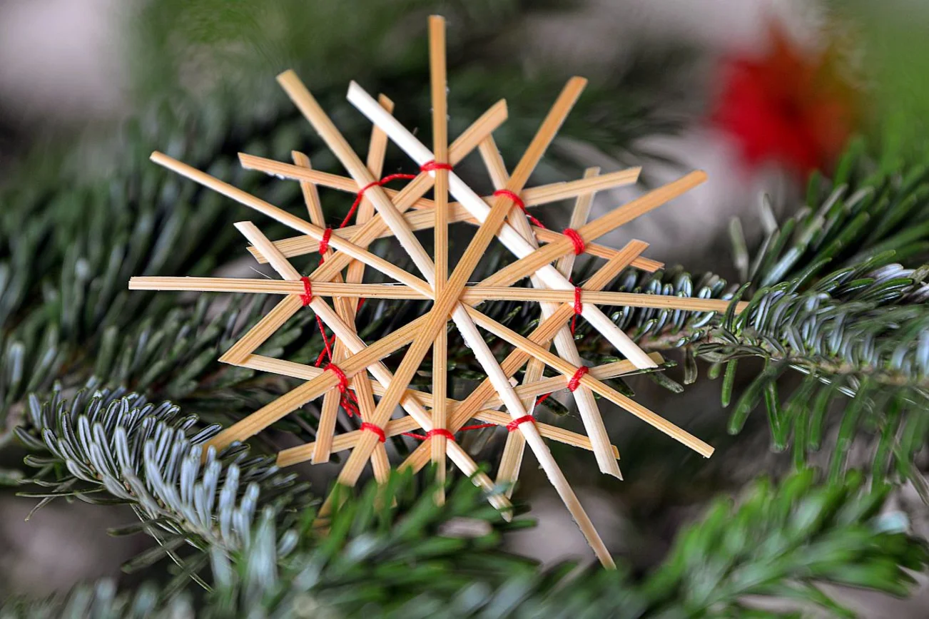 Strohstern liegt auf Tannengrün