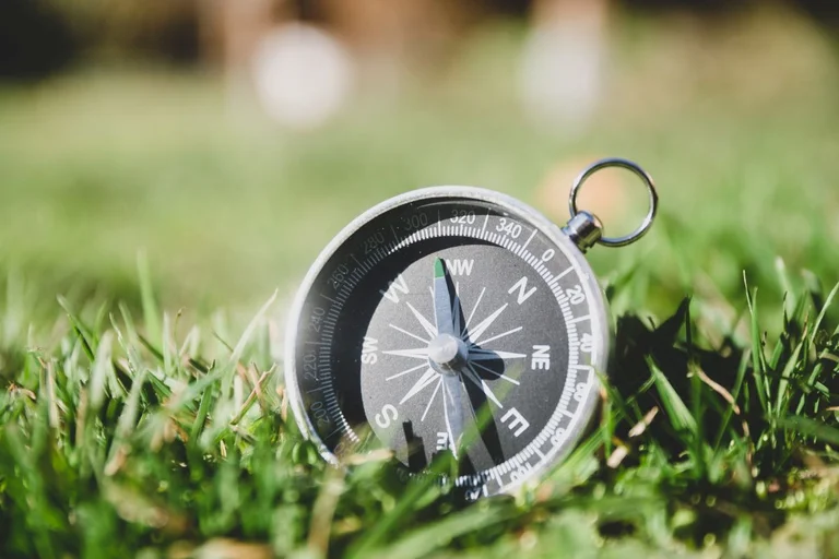 Ein schwarzer Handkompass liegt im grünen Gras