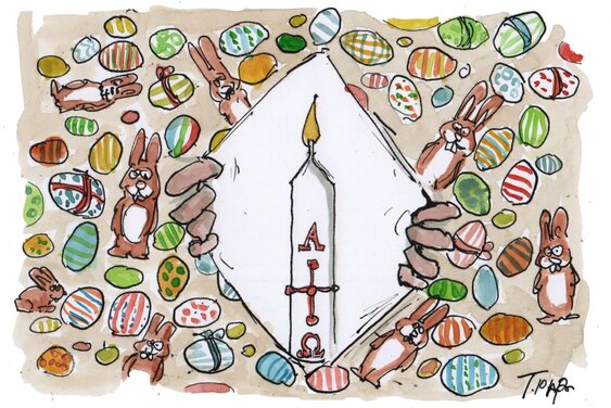 Zwei Hände öffnen in der Mitte ein Bild mit Ostereien und Osterhasen. Es kommt eine weiße Kerze zum Vorschein. - Copyright: Gemeindebrief