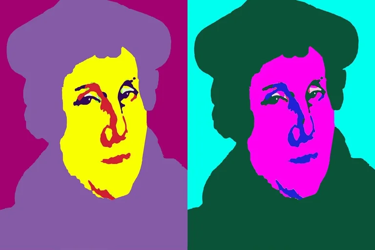 Martin Luther schaut den Betrachter an. Die Grafik hebt das Gesicht in gelb und lila hervor.