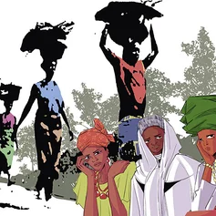 Frauen in bunter Kleidung tragen Waren auf ihren Köpfen