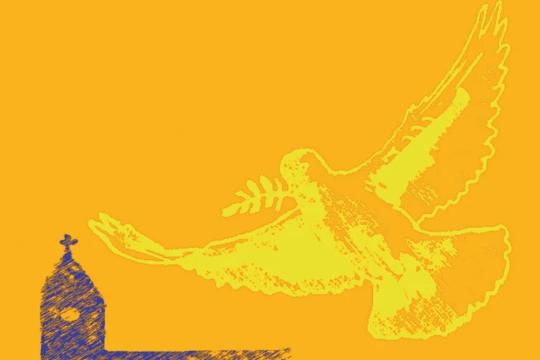 Gelbe Friedenstaube auf gelbe Hintergrund mit einem lila Kirchturm